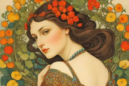 orange blossom,girl in a wreath,mucha,art deco woman,girl in flowers,orange roses,art nouveau,orange rose,tiger lily,spring crown,wreath of flowers,art nouveau design,flora,orange flowers,girl in the garden,marigold,nasturtium,orange petals,autumn wreath,vintage flowers,Illustration,Retro,Retro 19