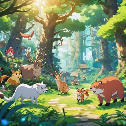 cartoon forest,woodland animals,forest animals,happy children playing in the forest,fairy forest,in the forest,the forest,fairy world,studio ghibli,game illustration,animal lane,children's background,forest glade,forest walk,pokemon,pokémon,the woods,forest of dreams,forest background,forest,Illustration,Japanese style,Japanese Style 03