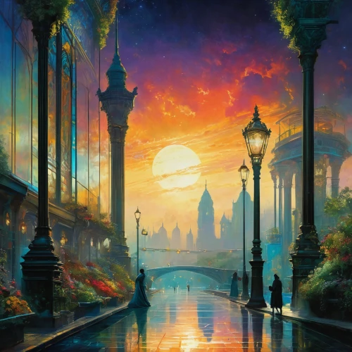 fantasy landscape,fantasy city,fantasy picture,fantasy art,evening atmosphere,cityscape,world digital painting,city scape,fantasy world,futuristic landscape,venetian,evening city,ancient city,gas lamp,eventide,oil painting on canvas,3d fantasy,boulevard,dream world,city in flames,Conceptual Art,Fantasy,Fantasy 05