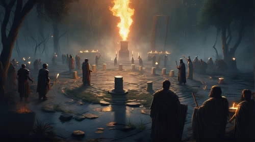 burial ground,druids,sacrificial candles,pillar of fire,torches,funeral,graveyard,buddhist hell,hall of the fallen,black candle,burning torch,all saints' day,paganism,the eternal flame,chess pieces,old graveyard,torch-bearer,procession,bonfire,torchlight,Conceptual Art,Fantasy,Fantasy 12