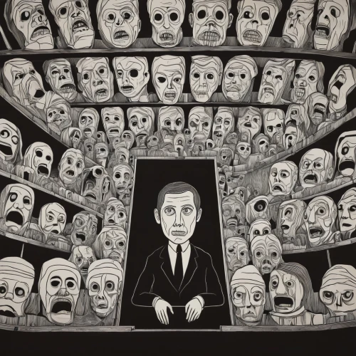 panopticon,puppet theatre,russian dolls,surrealism,audience,matryoshka,matryoshka doll,masks,moscow watchdog,purgatory,puppets,comedy tragedy masks,the illusion,the morgue,creepy,cage,psychosis,concentration camp,arbitrary confinement,silent screen,Illustration,Vector,Vector 20