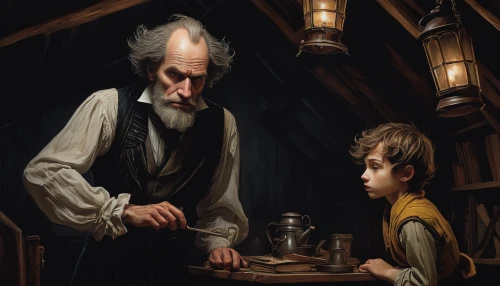 geppetto,father with child,apothecary,watchmaker,painting technique,church painting,tinsmith,clockmaker,christmas carol,game illustration,meticulous painting,candlemaker,painting easter egg,child portrait,saint mark,shoemaker,saint joseph,abraham,the father of the child,merchant,Conceptual Art,Daily,Daily 14