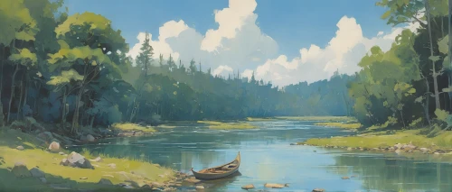 river landscape,fishing float,canoeing,boat landscape,a river,canoe,on the river,creek,backwater,floating on the river,fishing,little boat,calm water,small landscape,idyllic,mountain river,summer day,idyll,swampy landscape,waterway,Illustration,Paper based,Paper Based 17