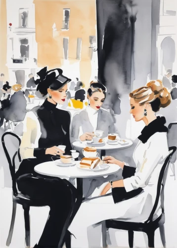 women at cafe,parisian coffee,breakfast at tiffany's,woman at cafe,afternoon tea,paris cafe,woman drinking coffee,high tea,tea service,teatime,tearoom,coffee tea illustration,women silhouettes,watercolor cafe,coffee break,fashion illustration,tea time,twenties women,the coffee shop,café,Art,Artistic Painting,Artistic Painting 24