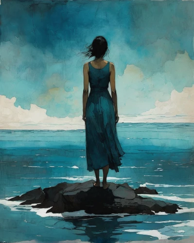 man at the sea,blue waters,blue painting,blue sea,woman silhouette,the wind from the sea,the endless sea,girl on the river,saltwater,exploration of the sea,sea-shore,blue water,sea breeze,the shallow sea,adrift,ocean,sea landscape,at sea,on the shore,the sea,Illustration,Paper based,Paper Based 05