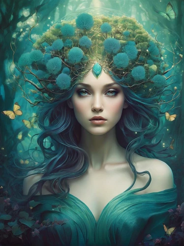 dryad,faery,faerie,the enchantress,mystical portrait of a girl,fairy queen,elven flower,fantasy portrait,fantasy art,fae,blue enchantress,rusalka,water nymph,flora,mother earth,mother nature,fairy peacock,girl in a wreath,anahata,fantasy picture,Illustration,Realistic Fantasy,Realistic Fantasy 15