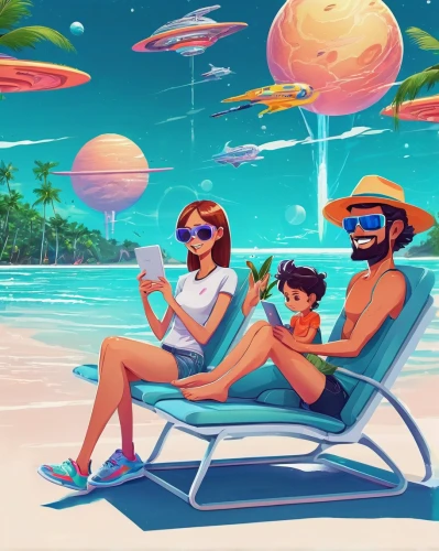 digital nomads,summer icons,beach goers,sunscreen,sci fiction illustration,game illustration,beach chairs,vector people,umbrella beach,beach furniture,cg artwork,varadero,travelers,sun hats,summer background,vr,vr headset,cabana,vector illustration,vacation,Conceptual Art,Sci-Fi,Sci-Fi 04