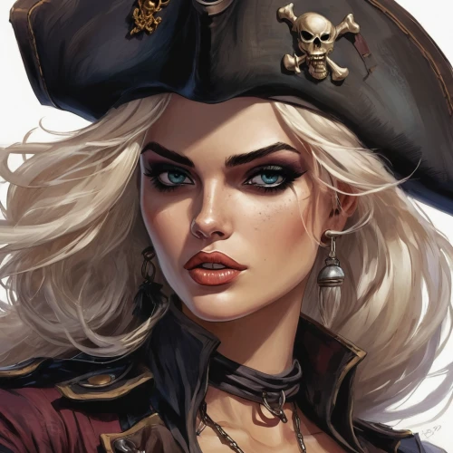 pirate,detail shot,musketeer,jolly roger,steampunk,beret,pirates,sheriff,leather hat,pirate treasure,marine,captain,venetia,pirate flag,fantasy portrait,witch's hat icon,closeup,sailer,bylina,marina,Conceptual Art,Fantasy,Fantasy 34