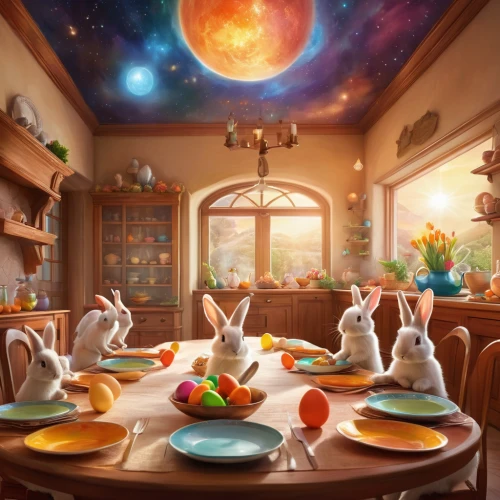 easter theme,easter background,easter rabbits,star kitchen,children's background,peter rabbit,easter décor,easter brunch,painting eggs,painting easter egg,breakfast table,thanksgiving background,breakfast room,rabbits,easter banner,rabbit family,3d fantasy,easter decoration,rabbits and hares,the kitchen,Illustration,Realistic Fantasy,Realistic Fantasy 01