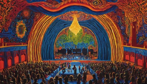 stage curtain,radio city music hall,theater curtain,philharmonic orchestra,stage design,psychedelic art,tapestry,cirque du soleil,hall of the fallen,fox theatre,orchestra,tabernacle,church painting,the throne,temples,immenhausen,symphony orchestra,druids,the palau de la música catalana,pentecost,Illustration,Abstract Fantasy,Abstract Fantasy 21