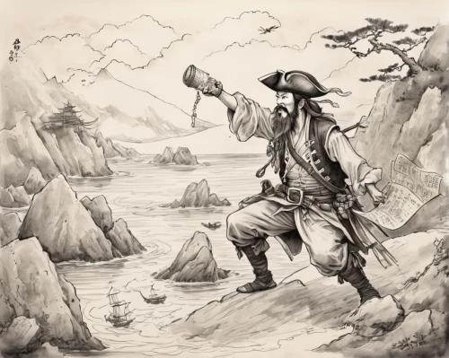 east indiaman,the wanderer,pirate,game illustration,hand-drawn illustration,pilgrim,version john the fisherman,hunting scene,treasure map,yi sun sin,pirate treasure,fisherman,mountain guide,seafarer,book illustration,mountaineer,pirates,the pied piper of hamelin,explorer,man at the sea,Illustration,Paper based,Paper Based 30