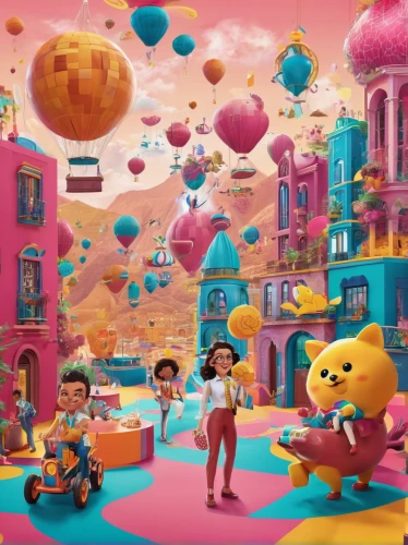 3d fantasy,fantasy city,fantasy world,pink city,kids illustration,colorful city,colorful balloons,children's background,dream world,game illustration,world digital painting,cg artwork,game art,toy store,the festival of colors,sci fiction illustration,star balloons,pink balloons,balloon trip,bazaar,Illustration,Abstract Fantasy,Abstract Fantasy 13