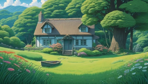 studio ghibli,little house,house in the forest,summer cottage,home landscape,my neighbor totoro,lonely house,cottage,small house,witch's house,beautiful home,country cottage,dandelion hall,country house,idyll,idyllic,house in mountains,clover meadow,house in the mountains,wooden house,Illustration,Realistic Fantasy,Realistic Fantasy 11