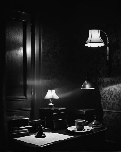 film noir,a dark room,dark cabinetry,the living room of a photographer,nocturnes,spot lamp,scene lighting,blackandwhitephotography,darkroom,nightlight,scenography,retro lamp,bedside lamp,visual effect lighting,monochrome photography,cinematography,waiting room,lampshades,motel,dark gothic mood,Photography,Black and white photography,Black and White Photography 08