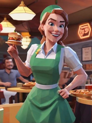 waitress,retro diner,star kitchen,woman holding pie,tiana,pizza supplier,pizza service,princess anna,girl with bread-and-butter,girl in the kitchen,chef,pizzeria,chef's uniform,restaurants,apple pie vector,deli,diner,hostess,cinnamon girl,barista,Unique,3D,Low Poly