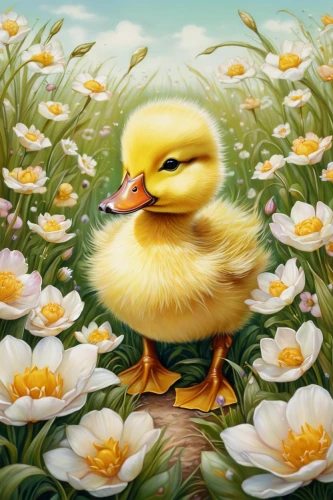 duckling,ducky,young duck duckling,ornamental duck,flower and bird illustration,duck cub,flower painting,bird painting,rubber ducky,springtime background,ducklings,easter chick,oil painting on canvas,rubber duckie,flower animal,cayuga duck,duck,female duck,spring background,rubber duck,Illustration,Abstract Fantasy,Abstract Fantasy 11