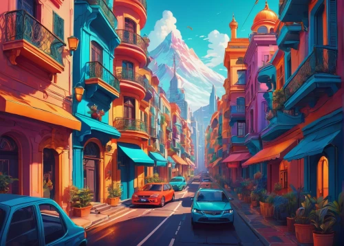 colorful city,world digital painting,digital painting,riad,street canyon,monaco,cairo,narrow street,istanbul,san francisco,digital art,saturated colors,alley,alleyway,colorful background,old city,monte carlo,cityscape,digital illustration,valparaiso,Conceptual Art,Fantasy,Fantasy 21
