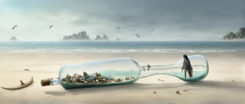 message in a bottle,fantasy picture,fantasy landscape,sea landscape,world digital painting,fantasy art,sandglass,sea-shore,seascape,the endless sea,underwater landscape,an island far away landscape,surrealism,shipwreck,fishing float,sci fiction illustration,boat landscape,exploration of the sea,ocean pollution,flotsam and jetsam,Illustration,Abstract Fantasy,Abstract Fantasy 18