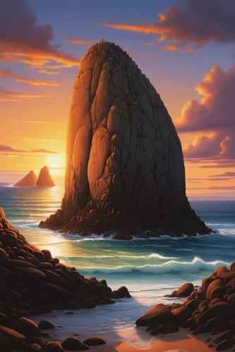 coastal landscape,split rock,bass rock,new zealand,beach landscape,sea stack,south island,coast sunset,rocky coast,dolerite rock,rock outcrop,aphrodite's rock,zen rocks,taranaki,rock formation,volcanic plug,rock needle,oregon,seascape,mountain beach,Illustration,Abstract Fantasy,Abstract Fantasy 22