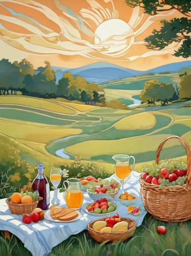 breakfast table,field of cereals,farm landscape,meadow landscape,rural landscape,landscape background,summer still-life,art painting,fruit fields,oil painting on canvas,autumn landscape,cream tea,vegetables landscape,tablecloth,placemat,breadbasket,home landscape,post impressionism,panoramic landscape,picnic,Illustration,Retro,Retro 08