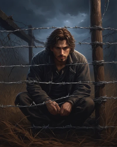 prisoner,the stake,barbwire,barbed wire,gale,fences,moody portrait,digital painting,world digital painting,unfenced,athos,portrait background,jack rose,oil on canvas,sci fiction illustration,desolate,sorrow,solitude,fence,the wanderer,Conceptual Art,Fantasy,Fantasy 28