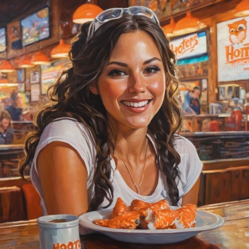 woman with ice-cream,waitress,woman holding pie,woman at cafe,girl with cereal bowl,oil painting on canvas,girl with bread-and-butter,oil painting,woman eating apple,buffalo wing,oil on canvas,cajun food,woman sitting,fried food,art painting,italian painter,southwestern united states food,tex-mex food,hispanic,western food,Conceptual Art,Oil color,Oil Color 05