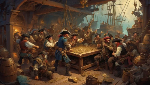 the pied piper of hamelin,game illustration,pirate treasure,tavern,merchant,galleon,gnomes at table,galleon ship,full-rigged ship,monkey island,medieval market,chess game,caravel,portuguese galley,tabletop game,pirate ship,mayflower,treasure chest,treasure hunt,east indiaman,Illustration,Realistic Fantasy,Realistic Fantasy 05