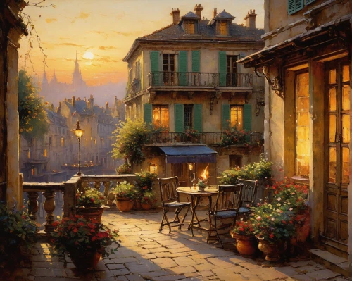 paris cafe,provence,watercolor paris balcony,evening atmosphere,montmartre,parisian coffee,france,paris balcony,summer evening,romantic scene,watercolor paris,italian painter,bistrot,watercolor cafe,in the evening,the evening light,south france,early evening,home landscape,romantic night,Art,Classical Oil Painting,Classical Oil Painting 32