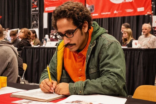 autograph,signing,table artist,caricaturist,comiccon,money heist,registration,author,lando,comic-con,signature,male poses for drawing,screenwriter,eading with hands,student with mic,musikmesse,learn to write,community connection,drexel,fan convention,Illustration,Vector,Vector 15
