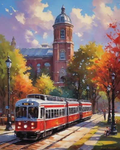 memphis tennessee trolley,tram,street car,autumn landscape,fall landscape,light rail train,trolley train,light rail,autumn scenery,gallaudet university,trolley bus,city bus,autumn morning,tramway,fall foliage,oil painting on canvas,smithsonian,one autumn afternoon,howard university,trolley,Conceptual Art,Oil color,Oil Color 09