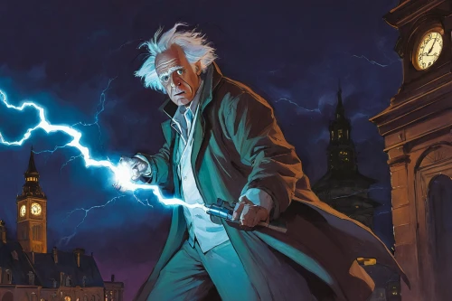 clockmaker,theoretician physician,regeneration,sci fiction illustration,twelve,lightning bolt,magneto-optical drive,the doctor,frock coat,the eleventh hour,prejmer,magus,thames trader,tabletop game,magneto-optical disk,lightning storm,lightning,ford prefect,mystery book cover,lightning strike,Illustration,Paper based,Paper Based 17