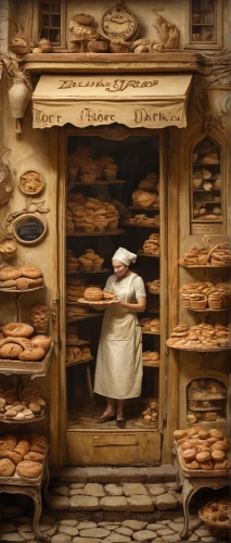 bakery,pâtisserie,pastry shop,girl with bread-and-butter,shopkeeper,pastries,lavash,bakery products,gingerbread maker,pane,sicilian cuisine,woman holding pie,viennese cuisine,girl in the kitchen,pastiera,confectioner,cookery,kolach,baking bread,pantry,Illustration,Realistic Fantasy,Realistic Fantasy 40