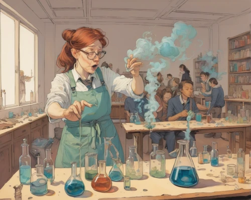 chemist,chemical laboratory,laboratory,science education,sci fiction illustration,apothecary,potions,laboratory flask,pharmacy,classroom,lab,candlemaker,natural scientists,scientist,reagents,watercolor shops,laboratory information,researcher,creating perfume,alchemy,Illustration,Paper based,Paper Based 17