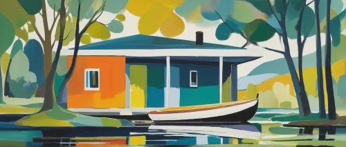 houseboat,boathouse,boat landscape,floating huts,boat house,backwaters,mangroves,boat shed,summer cottage,cottage,house by the water,house with lake,fishing float,summer house,paddle boat,river landscape,fisherman's hut,riverboat,huts,home landscape,Art,Artistic Painting,Artistic Painting 41