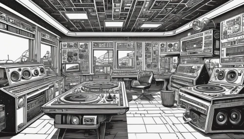 retro diner,laundromat,record store,music store,jukebox,ufo interior,pinball,boombox,the boiler room,turntable,sound system,the record machine,laundry room,sound space,music system,engine room,soda fountain,audiophile,appliances,vinyl records,Illustration,Black and White,Black and White 14