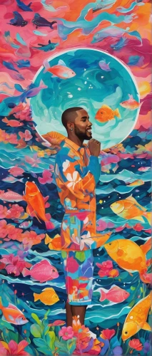 coral reef,the man in the water,the man floating around,oil on canvas,acid lake,aquatic,school of fish,ocean,god of the sea,colorful water,sea god,kahila garland-lily,man at the sea,kaleidoscope art,art,koi,el mar,oil painting on canvas,kaleidoscopic,psychedelic art,Illustration,Abstract Fantasy,Abstract Fantasy 13