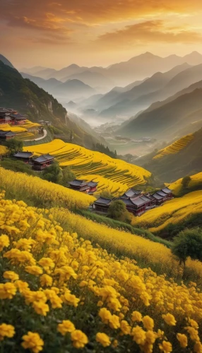 the valley of flowers,field of rapeseeds,south korea,flower field,daffodil field,field of flowers,alpine pastures,yellow grass,sunflower field,yellow mountains,beautiful landscape,blooming field,meadow landscape,lilies of the valley,yunnan,flowers field,landscape background,blanket of flowers,rolling hills,rapeseed flowers,Photography,General,Commercial