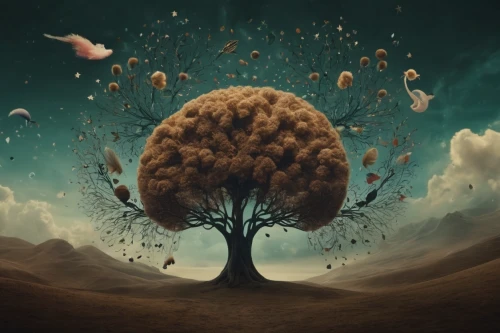 tree thoughtless,magic tree,tree of life,flourishing tree,photomanipulation,isolated tree,flying seeds,photo manipulation,bodhi tree,flying seed,mushroom landscape,deciduous tree,the roots of trees,tree mushroom,conceptual photography,surrealistic,strange tree,the branches of the tree,surrealism,wondertree,Illustration,Realistic Fantasy,Realistic Fantasy 40