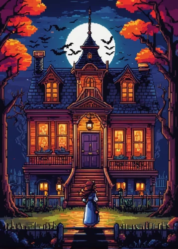 witch's house,halloween illustration,witch house,house silhouette,halloween poster,victorian,halloween wallpaper,halloween scene,the haunted house,halloween background,retro halloween,victorian house,haunted house,halloween ghosts,pixel art,lonely house,halloween frame,little house,haunted castle,halloween and horror,Unique,Pixel,Pixel 05