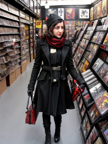 record store,music store,compact discs,compact disc,vinyl records,goth subculture,musicassette,black coat,music world,goth woman,goth weekend,magnetic tape,the record machine,gothic woman,shopping icon,streampunk,high fidelity,audiophile,gothic fashion,cd's