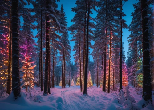 winter forest,tree lights,snow trees,fir forest,fairytale forest,coniferous forest,colorful light,christmas landscape,winter background,winter magic,polar lights,nordic christmas,winter light,colored lights,fir trees,mixed forest,light trail,christmas trees,spruce-fir forest,christmas snowy background,Photography,General,Natural