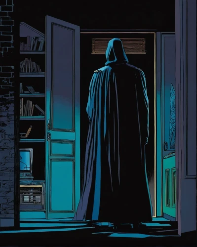 dark cabinetry,doctor doom,pantry,the door,shopkeeper,lantern bat,batman,darth vader,nite owl,dark cabinets,convenience store,the threshold of the house,phone booth,hooded man,vader,caped,fridge,refrigerator,open door,the collector,Illustration,American Style,American Style 14