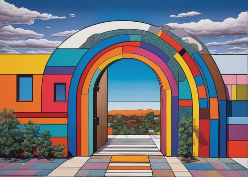 rainbow bridge,colorful facade,gateway,temples,portal,heaven gate,arch,el arco,albuquerque,three centered arch,color fields,archway,arches,kaleidoscope,semi circle arch,pueblo,kaleidoscope website,polychrome,the threshold of the house,harmony of color,Illustration,Black and White,Black and White 14