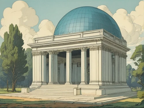 observatory,ancient greek temple,neoclassical,planetarium,greek temple,pantheon,mausoleum ruins,granite dome,marble palace,classical architecture,ancient roman architecture,mausoleum,thomas jefferson memorial,roman temple,jefferson memorial,temple of diana,artemis temple,villa borghese,classical antiquity,the parthenon,Illustration,Retro,Retro 11