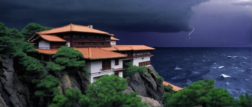 tigers nest,thracian cliffs,thunderstorm,fantasy picture,house of the sea,world digital painting,sea storm,lightning storm,electric lighthouse,ghost castle,lighthouse,kings landing,storm,thunderclouds,asian architecture,fantasy landscape,roof landscape,light house,storm clouds,templar castle,Illustration,Japanese style,Japanese Style 21
