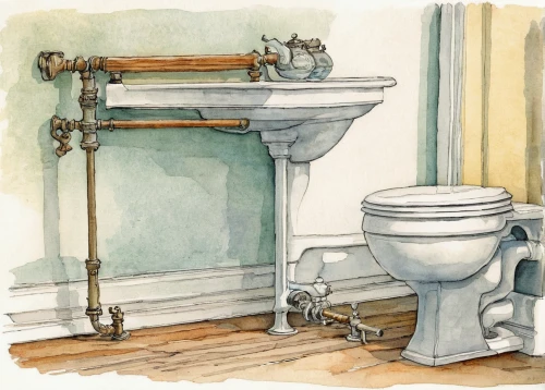 plumbing fixture,washbasin,chamber pot,wash basin,plumbing fitting,plumbing,commode,cistern,basin,toilet,plumbing valve,faucets,potter's wheel,bidet,washroom,water color,bathtub spout,potty training,bathroom accessory,bathroom,Illustration,Paper based,Paper Based 29