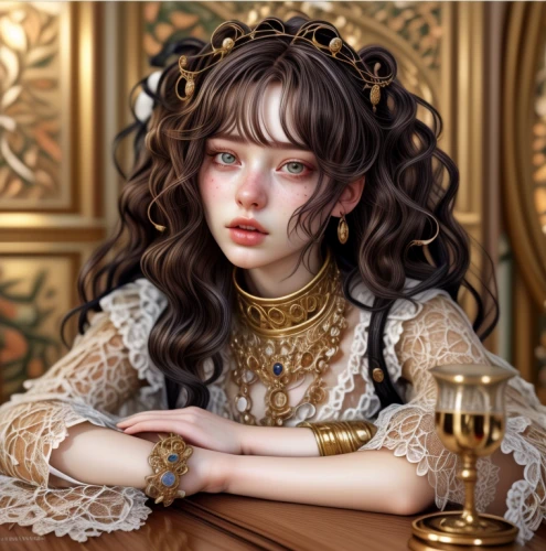 fantasy portrait,gothic portrait,porcelain doll,angelica,victorian lady,artist doll,mary-gold,gold jewelry,mystical portrait of a girl,female doll,porcelain dolls,victorian style,baroque angel,gold crown,baroque,portrait of a girl,fashion doll,realdoll,vintage doll,filigree