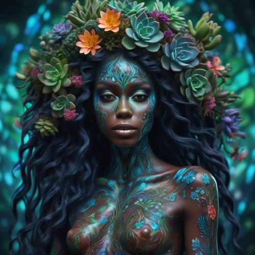 dryad,elven flower,flora,fantasy portrait,mother earth,mother nature,poison ivy,wreath of flowers,polynesian girl,girl in a wreath,girl in flowers,the enchantress,faerie,fantasy art,mystical portrait of a girl,bodypaint,blooming wreath,black woman,flower of life,flower girl,Photography,Artistic Photography,Artistic Photography 03