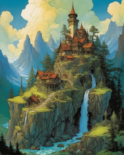 mountain settlement,fantasy landscape,fairy tale castle,mountain landscape,mountain scene,fairy chimney,mountain village,mountainous landscape,water castle,house in mountains,knight's castle,summit castle,fairytale castle,fantasy picture,high landscape,fantasy world,mountain world,home landscape,fairy village,gold castle,Illustration,Realistic Fantasy,Realistic Fantasy 04