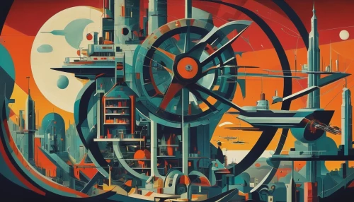 transistor,sci fiction illustration,metropolis,industrial landscape,abstract retro,machinery,ship's wheel,industry 4,industries,atomic age,industrial,industrial tubes,clockmaker,industry,art deco background,cog,machines,art deco,gyroscope,sci-fi,Art,Artistic Painting,Artistic Painting 35